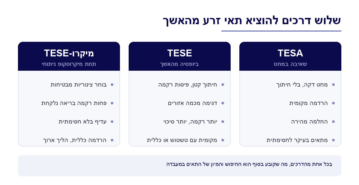 טבלת השוואה בין TESA, TESE ומיקרו-TESE בשאיבת זרע מהאשך